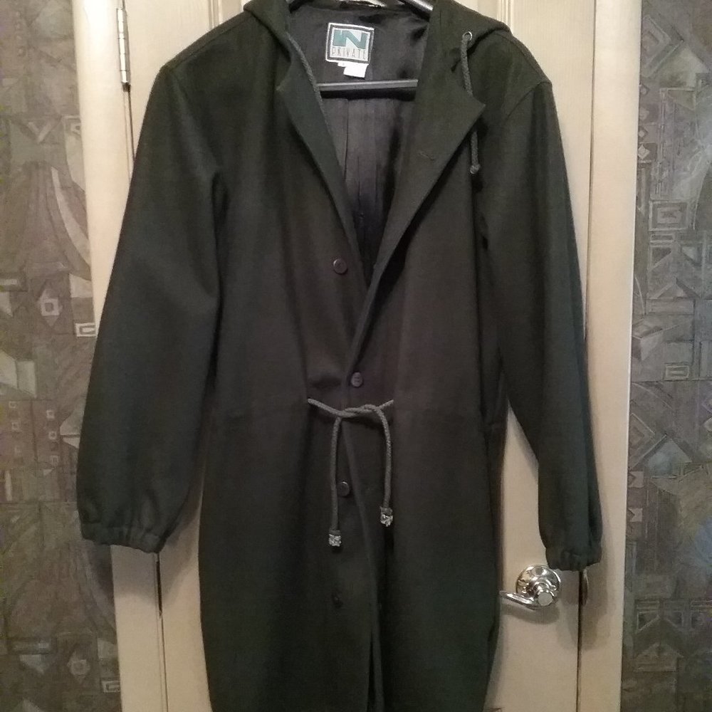 Hooded green wool coat.